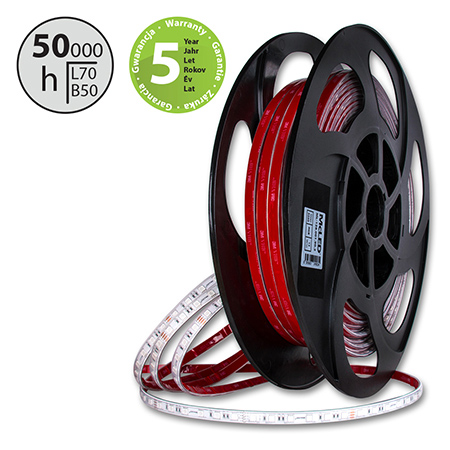LED-Streifen SMD5050, RGB - bunt, 12 W, 60 LED, 320 lm/m, Segment 100 mm, 6 LED/Segment, IP67, DC 24 V, Lebensdauer 50 000 h, Breite 12 mm, weißer PCB-Streifen, max. Streifenlänge beim einseitigen Anschluss: 5 m, mit selbstklebendem 3M-Klebeband versehen.