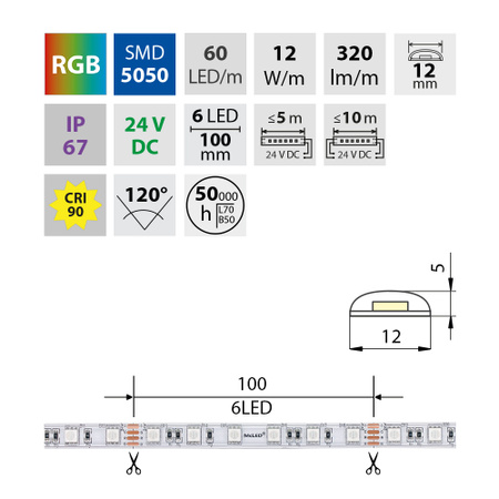LED-Streifen SMD5050, RGB - bunt, 12 W, 60 LED, 320 lm/m, Segment 100 mm, 6 LED/Segment, IP67, DC 24 V, Lebensdauer 50 000 h, Breite 12 mm, weißer PCB-Streifen, max. Streifenlänge beim einseitigen Anschluss: 5 m, mit selbstklebendem 3M-Klebeband versehen.