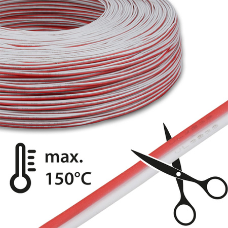 2-adriges Kabel mit Leitern AWG 22, Farbe rot/weiß. Silikonisolierung mit erhöhter Wärmebeständigkeit (bis zu 150 °C). Das Kabel enthält 2 Kupferleiter mit einem Querschnitt von 0,35 mm². Es wird zum Anschließen und Verbinden von einfarbigen LED-Streifen verwendet. Beim Anschließen sind die maximale Länge und der passende Leiterquerschnitt stets mit Hinsicht auf den zulässigen Spannungsabfall zu wählen, der durch den Stromdurchgang am Leiter entsteht.
