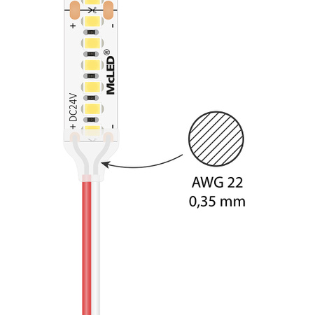 2-adriges Kabel mit Leitern AWG 22, Farbe rot/weiß. Silikonisolierung mit erhöhter Wärmebeständigkeit (bis zu 150 °C). Das Kabel enthält 2 Kupferleiter mit einem Querschnitt von 0,35 mm². Es wird zum Anschließen und Verbinden von einfarbigen LED-Streifen verwendet. Beim Anschließen sind die maximale Länge und der passende Leiterquerschnitt stets mit Hinsicht auf den zulässigen Spannungsabfall zu wählen, der durch den Stromdurchgang am Leiter entsteht.