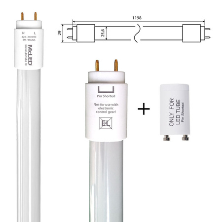 Glas-LED-Röhre mit PET-Beschichtung , T8, 18 W (gleichwertig mit 36 W), Sockel G13, 230 V, 4000 K - neutralweiß, Lichtstrom 2250 lm, Strahlungswinkel 320°, CRI80, Einsparung bis zu 50 %, UV stabil, Lebensdauer bis zu 40 000 h, 100 000 Schaltzyklen, Abmessungen ø 29×1198 mm, nicht dimmbar. LED-Starter enthalten. Sicherheits-PET-Folie verhindert das Herausfallen von Scherben.