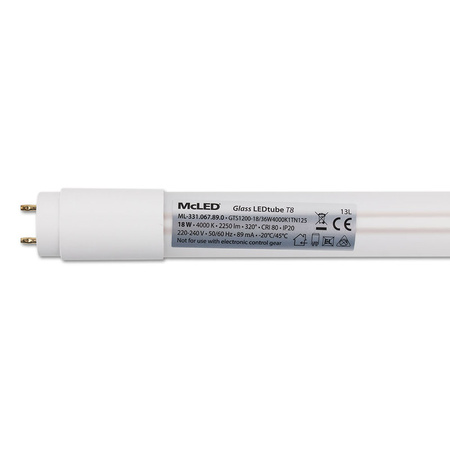 Glas-LED-Röhre mit PET-Beschichtung , T8, 18 W (gleichwertig mit 36 W), Sockel G13, 230 V, 4000 K - neutralweiß, Lichtstrom 2250 lm, Strahlungswinkel 320°, CRI80, Einsparung bis zu 50 %, UV stabil, Lebensdauer bis zu 40 000 h, 100 000 Schaltzyklen, Abmessungen ø 29×1198 mm, nicht dimmbar. LED-Starter enthalten. Sicherheits-PET-Folie verhindert das Herausfallen von Scherben.